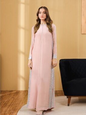 Elegant Pink Long-Sleeve  silk long  Dress with sequin embroidery